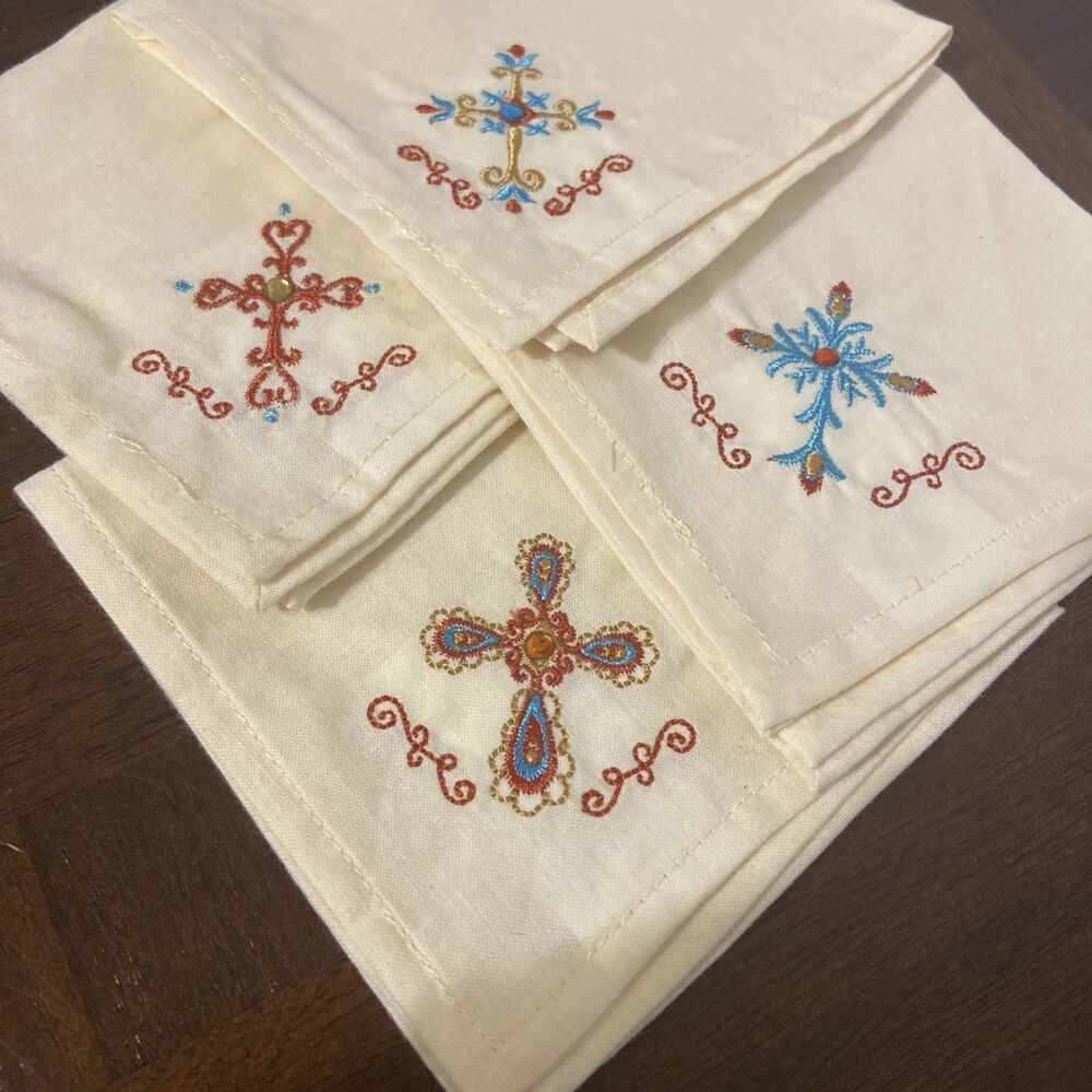 4 Embroidered Cross Cotton Napkins Multi Color Easter Baptism Linens